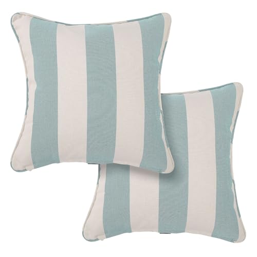 BLSTISCEN Outdoor Throw Pillow with Insert 18x18 Inch Set of 2 Piping Edge Waterproof Fade Resistant Decorative Fluffy Pillows for Patio Furniture Chair Bench Couch Sofa - Teal Ivory Striped