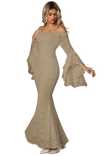 Image of HOYISHION Women's Off The Shoulder Floral Lace Maxi Dress White Bridesmaid Wedding Party Maternity Photoshoot Long Dresses