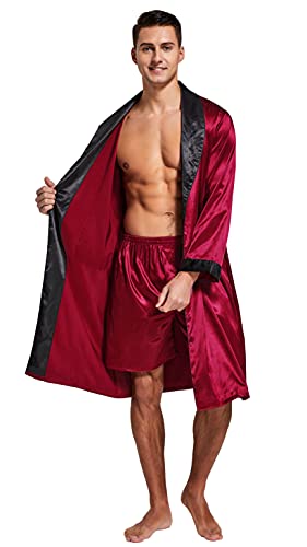 Tony & Candice Men's Satin Robe Lightweight Long Sleeve Silk Kimono Bathrobe With Shorts Set Sleepwear（Medium, Burgundy With Black Collar) #TOP1