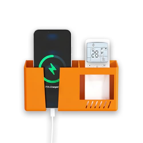 Image of Prolet Wall Mount Mobile Charging Holder with Storage Box & AC /TV Remote Organizer, Self-Adhesive Phone Plug Stand, Multipurpose Wall Shelf, Space Saving Mobile Holder for Home & Office (Orange)