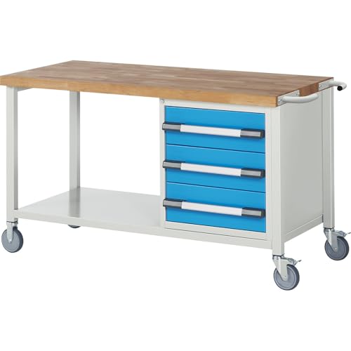 eurokraft | Fahrbare Werkbank Serie 8000 | Gestellbauweise | 3 Schubladen | Ablageboden | BxT 1500 x 700 mm
