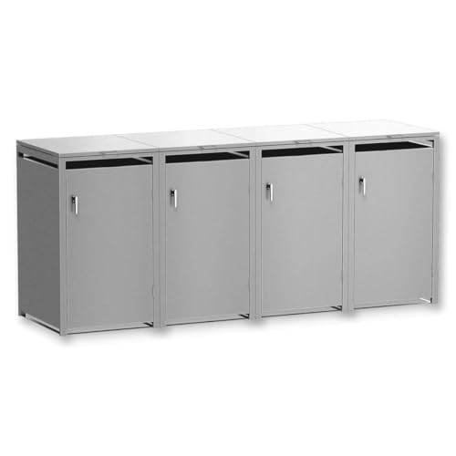 Metzler Mülltonnenbox in Graualuminium RAL9007 4er Tonnen, Kapazität bis 240L, witterungsbeständiger und pulverbeschichteter Stahl mit Automatikdeckel, abschließbar, Garten- und Müllbox für 4 Tonnen