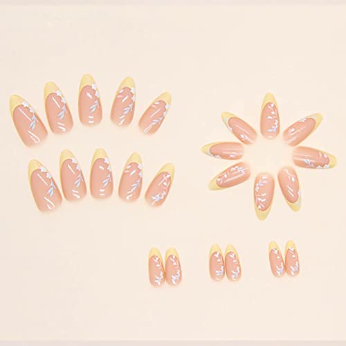 RikView French Tip Press on Nails Medium Length Fake Nails Almond Acrylic Nails Glossy Yellow Nails - Image 3