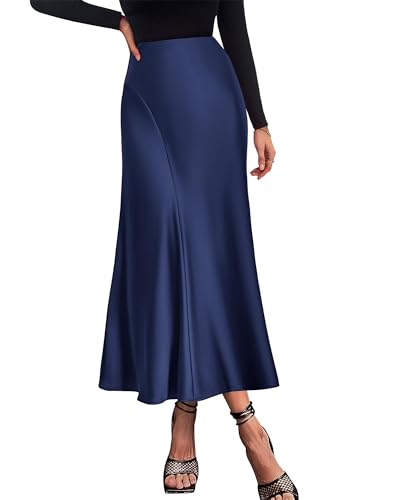Image of KIRUNDO Women's Satin Maxi Skirt 2026 Summer Fall Trendy High Waisted Wedding Cocktail Party Work Silk A-Line Formal Skirts