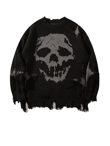 SHENHE Men's Oversized Skull Sweater Gothic Crewneck Long Sleeve Ripped Punk Sweater Pullover