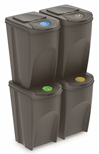 Clasificador de basura con tapa, 35 L, juego de 4 unidades, color gris piedra, sistema de separación de basura apilable, separador de residuos, separador de residuos Sytem, apilable con solapa