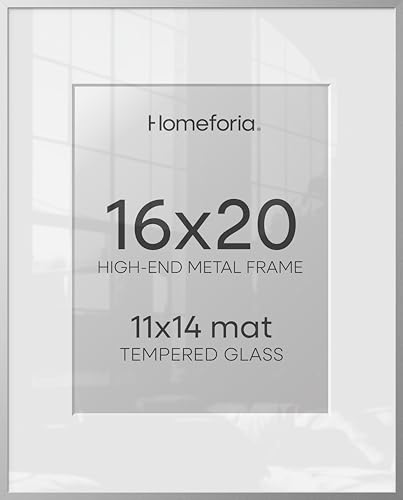 Image of Homeforia 16 x 20 Picture Frame Silver, High End Metal 16 x 20 Frames with Mat 11 by 14 Photo, 16x20 Silver Poster Frame Matted to 11x14 Print, 20x16 Hanging Frames, Tempered Glass, Wall Kit, Set of 1