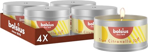 Bolsius True Citronella Outdoor Velas – Caja de metal – 4 unidades – Fragancia de citronela – Decoración exterior – Tiempo de combustión 22 horas