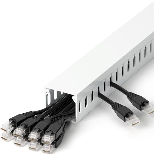 Image of 1.4 inchH x 1.6 inchW Cable Raceway, 12ft Under Desk Wire Management Channel, White | Slotted Wire Duct, 4 Pack (3 ft Each), Heavy-Duty PVC Cable Management for Server Racks, Network Cables & Electrical Cabinets