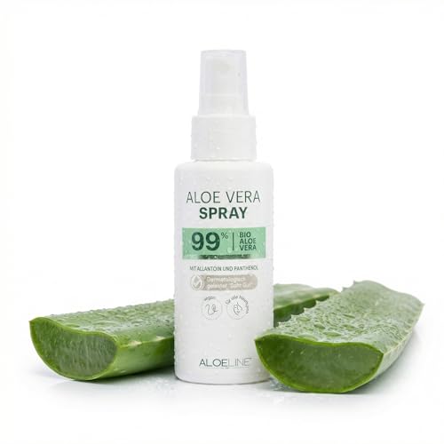 ALOE Line Aloe Vera Spray 99% bio alkoholfrei vegan mit Allantoin Panthenol Feuchtigkeitspflege für Gesicht Körper Haare After Sun kühlend ohne Duft- und Farbstoffe