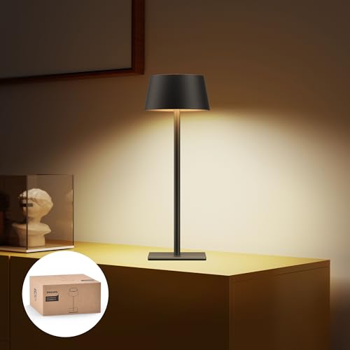 Philips Solar Tischlampe Kabellose 1 Stück, Portable LED Akku Tischleuchte mit 2 stufig höhenverstellbar, Touch Stufenlos Dimmbar Nachtlicht, Wasserdicht für Schlafzimmer, Schwarz