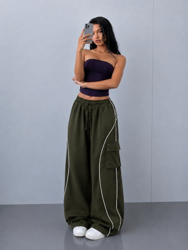 Image of Parachute Baggy Track Pant for Women | Korean Style Loose Fit Wide Leg Cargo Pockets | Piping Casual Trouser
