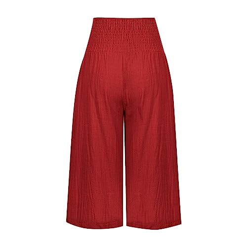 Women's Wide Leg Capri Pants Cotton Linen Smocked High Waist Capris Pants Lightweight Cropped Trousers with Pockets3