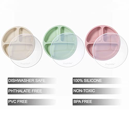 PandaEar Silicone Suction Plates Set - 3-Pack for Baby Weaning with Lids and Divided Sections, Green,pink,red, media - Image 2