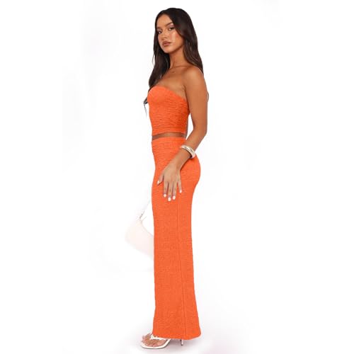 Image of Two Piece Dress Outfits for Women Sleeveless Tube Tops Bodycon Maxi Dress Summer Strapless Crop Top Sexy Suits Set