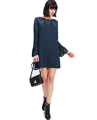 Milumia Women's Solid Eyelet Long Sleeve Hollow Casual Shift Dress Navy Small