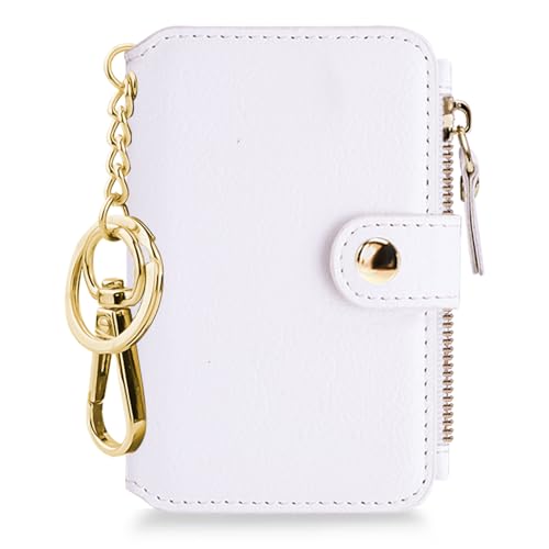 M-Plateau Off white Keychain Wallet, Wallet Women with Circle Coin Purse Keychain and Zipper Card Case,Trifold Leather wallet with ID Window Gift For Women (White)