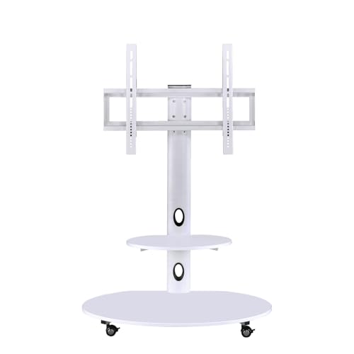 Image of Mobile TV Stand on Wheels - Height Adjustable Floor Stand for 32-65 inch LED & Smart TVs | Wooden & Metal Frame | Rolling TV Trolley with Shelf (White)