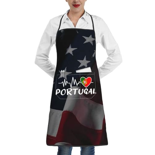 nopicsn Portugal Heartbeat Apron for cooking with Pockets Women Men Kitchen Chef Funny Aprons