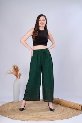Image of VIVIKA Chikankari Palazzo Pants for Women |Rayon Wide Leg Ethnic Palazo with Embroidery | Comfortable Elastic Waist Women's Palazzo for Casual, Festive & Office Wear