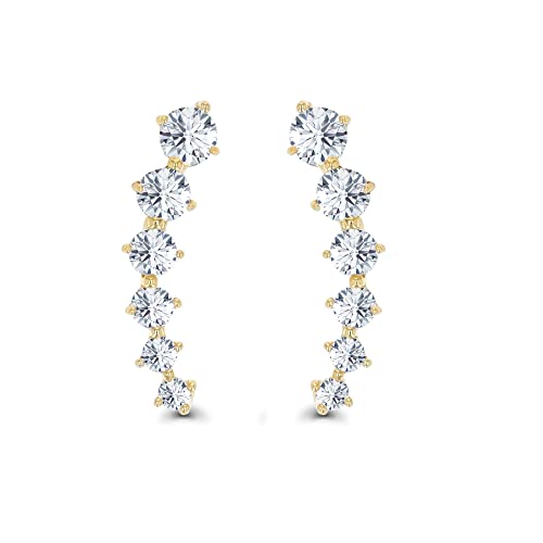 14K Yellow Gold Graduated Round Cut Ear Crawler AAA Cubic Zirconia Stud Earrings2