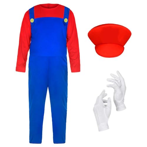 AOOWU Disfraz de Mario Niño, Super Disfraz de Mario con Gorra, Barba y Guantes, para Halloween Carnaval Cosplay