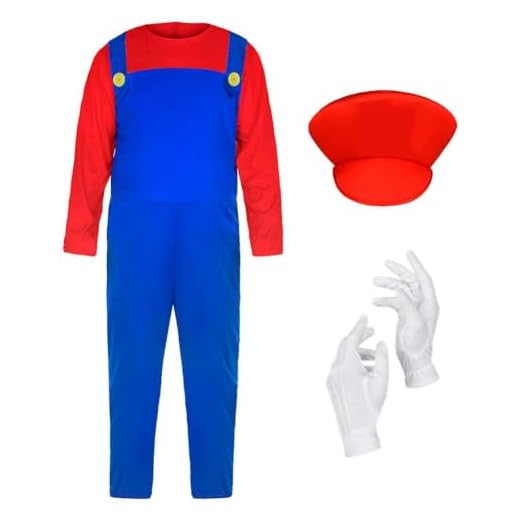 AOOWU Disfraz de Mario Niño, Super Disfraz de Mario con Gorra, Barba y Guantes, para Halloween Carnaval Cosplay