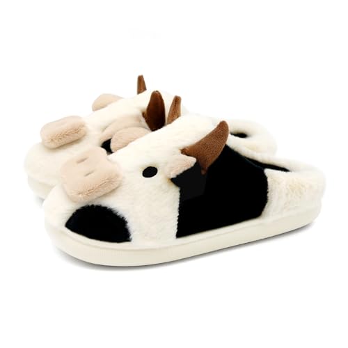 PUWAN Cute Cow Slippers for Women Men Cartoon Plush Warm Slippers for Girls Cow Gift for Women and Ladies Size10-11/9.5-10
