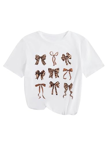 Floerns Girl's 3 Piece Cheetah Short Sleeve T Shirt Bowknot Print Tee Going Out Tops3
