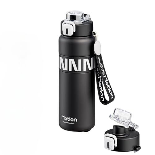 水筒 800ml 保冷魔法瓶 ステンレス製水筒 ストロー付き 大容量 真空断熱 シームレス魔法瓶付き 漏れ防止 お手入れ簡単 おしゃれ ポータブル 軽量 スポーツ アウトドア (ブラック,800ml)