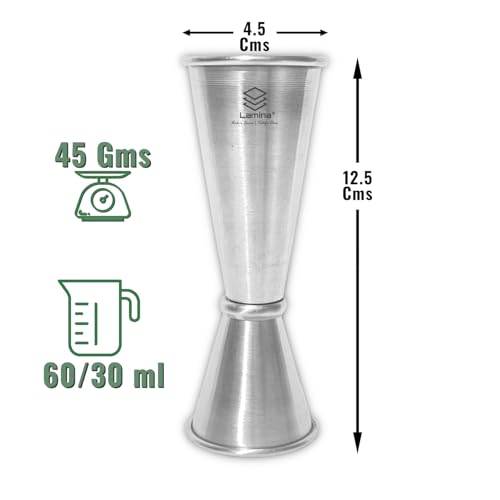 Image of Lamina Set of 1 Stainless Steel Japanese Peg Measure (30 /60 ml, Silver) Double-Sided Cocktail Jigger for Home, Kitchen, Hotels & Professional Bartenders - Drink Measuring Bar Tool (with Box).