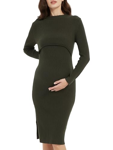 Vestido de Maternidad Nella de Punto Acanalado para Mujer 2024, Color Liso, Ajustado, Manga Larga, Cuello Redondo, suéter para Embarazo y otoño, Verde Oscuro, Large