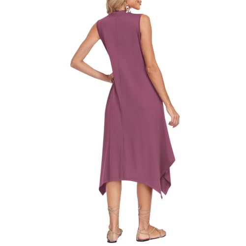 Image of AUSELILY Women Summer Midi Dress, Sleeveless Casual Asymmetrical & Pockets | V-neck midi sundress, asymmetrical flowy hem & side pockets, great for beach, vacation and daily wear