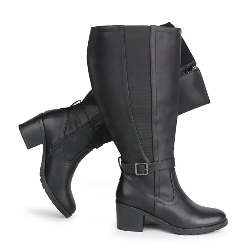 Womens Extra Wide Calf Stretch Panel Side Zipper Knee High Boots with Block Heel