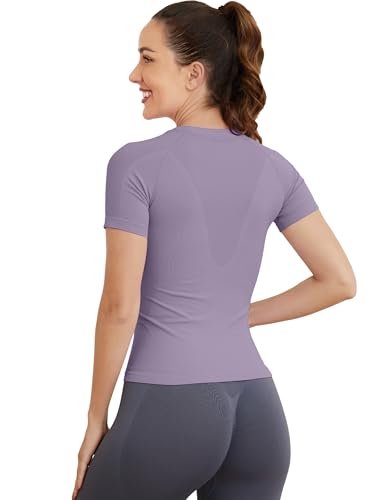 Image of MathCat Short Sleeve Workout Tops for Women, Seamless Women's Compression Shirt, Yoga Running Athletic Shirts Soft Gym Tops