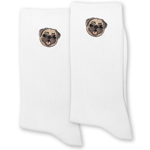 ERMCDFHC Pug Dog Socks for Women or Men - Cute Pug Design Embroidery White Crew Socks.(014)