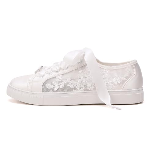 A580-06 Women's Wedding Bridal Sneakers Flats Bride Tennis Shoes Cutout Lace Sneakers Concert Low Cut Lace up Shoes2