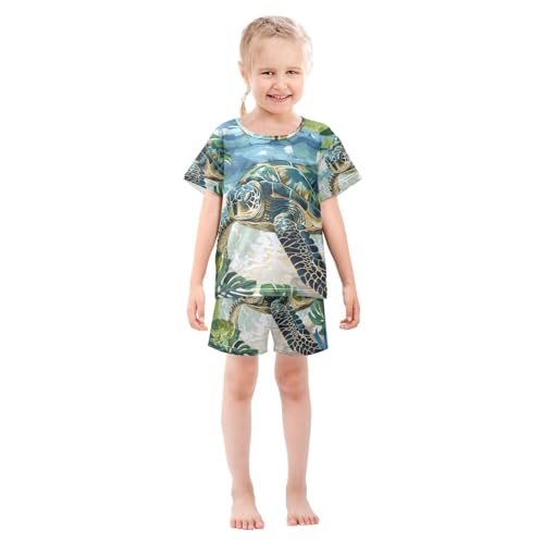 ALAZA Turtle Tropical Leaves Pajama Set Short Sleeve Sleepwear Soft Lounge Nightwear3