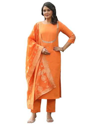 Kurta droite brodée femme vêtement indien traditionnel soie orange taille M