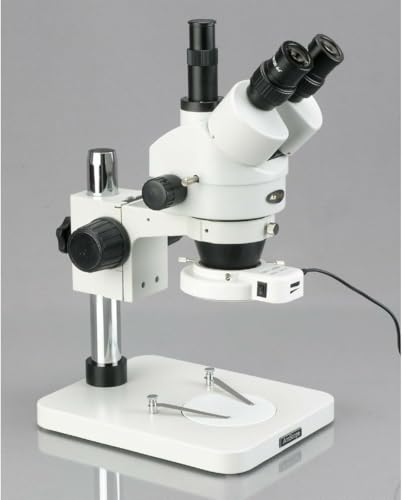 Image of AmScope SM-1TSZ-144S-5M Digital Professional Trinocular Stereo Zoom Microscope, WH10x Eyepieces, 3.5X-90X Magnification, 0.7X-4.5X Zoom Objective, 144-Bulb LED Ring Light, Pillar Stand, 110V-240V, Includes 0.5X and 2.0X Barlow Lenses and 5MP Camera with Reduction Lens and Software