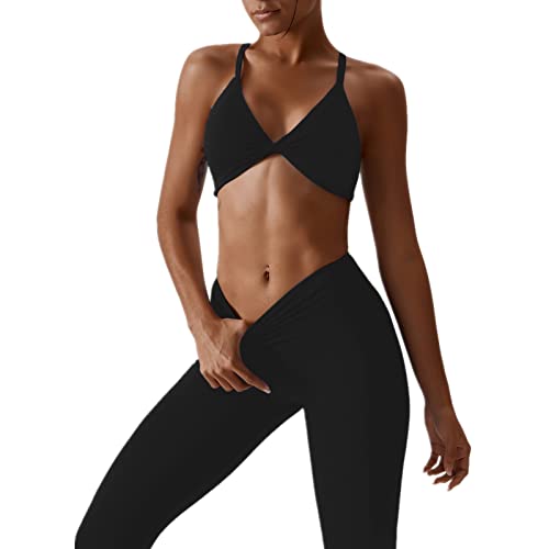Image of ABOCIW Workout Sets for Women Twist Front Halter Sports Bras High Waist Legging 2 Piece Exercise Gym Yoga Outfit