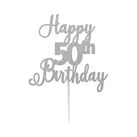 LissieLou Happy 50th Birthday Cake Topper in Pretty Glitter Card, Made in the UK - Silver Cover