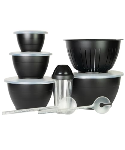 Thiru Lot de 8 saladiers noirs avec couvercles – 8 pièces 0,6 l/1,3 l/2,5 l/4,4 l/6,5 l – Avec couvercle, passoire, couverts à salade – Sans BPA –...