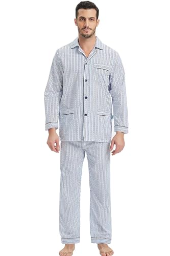 Image of GLOBAL Mens Pajamas Set, 100% Cotton Woven Drawstring Sleepwear Set with Top and Pants /Bottoms