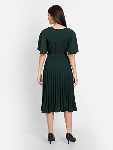 Image of KUDUZO Women's Crepe Long Pleated Below Knee Length Flutter Sleeve Round Neck S to XL Maxi Dress for Girls. (EG-U0IM-B9A1)