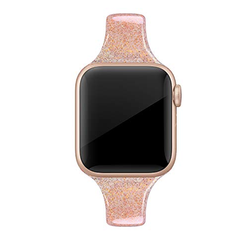 QusFy Sport Silicone Band Compatible with Apple Watch 38mm 40mm, Soft Silicone Shiny Glitter Bling Thin Slim Narrow Replacement Strap Compatible with iWatch Series 6, 5, 4, 3, 2, 1, SE, Sport & Edition Women