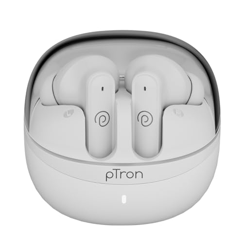Image of pTron Bassbuds Indie in-Ear TWS Earbuds w / 10mm Drivers, 45Hrs Playtime, Dual HD Mic & AI-ENC Calls, Custom EQ, Mobile App, Bluetooth V5.4 Earphones, Voice Assistant, Type C Charging & IPX5 (White)