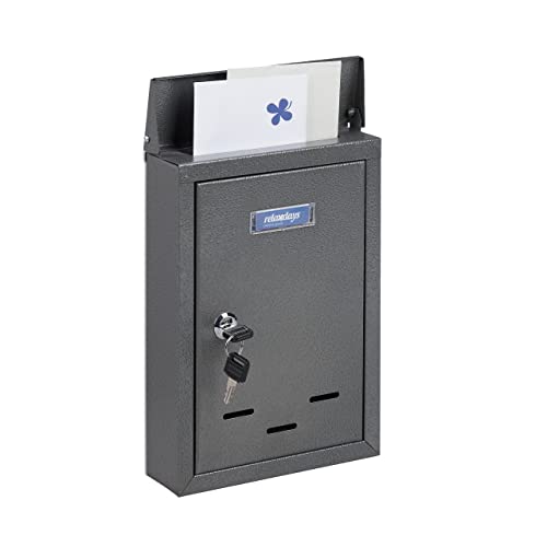 Relaxdays Briefkasten mit Namensschild, aus Metall, mit 2 Schlüsseln, Postkasten schmal, HxBxT: 30,5 x 21 x 7 cm, grau