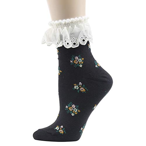 Image of KitNSox Funcat Women's Lace Ruffle Frilly Colorful Floral Cotton Casual Novelty Ankle Socks 4 /5 /6 Pairs
