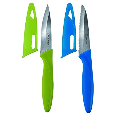 CULINARE C33005 2 Piece Knife Set | Green/Blue | Stainless Steel | 9cm Ultra Sharp Blades | 2 x Kitchen Knives With Protection Covers | Smooth Cutting/Firm Grip/Non-Slip Handle | Dishwasher Safe Cover